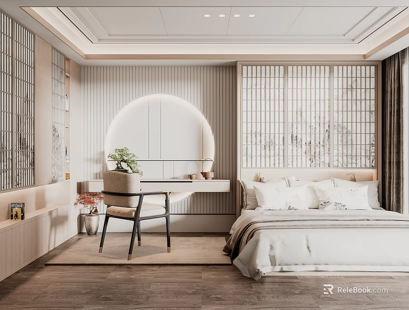 Modern Bedroom Interior Design Featuring Bed Pillows Dressing Table Round Mirror And Lattice Window 3d model