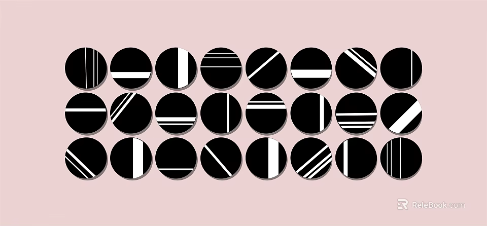 Black and White Circular Framed Art Arranged in a Row on Pink Background 3d model 