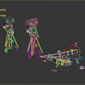 Vintage Blue Film Projectors on Tripods with Scattered Parts Against Dark Reflective Background