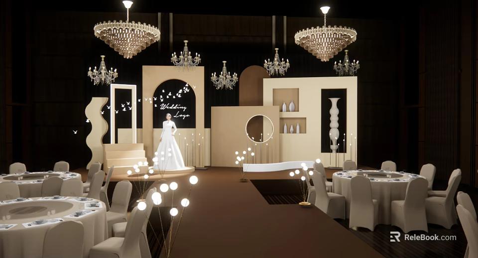 Elegant Modern Wedding Banquet Hall Interior With Crystal Chandeliers Tables And Carpet 3d model 