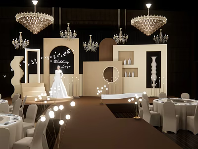 Elegant Modern Wedding Banquet Hall Interior With Crystal Chandeliers Tables And Carpet 3d model