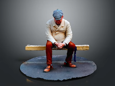 Man Sitting On Wooden Bench With Light Colored Coat Red Pants And Brown Shoes 3d model