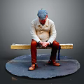 Man Sitting On Wooden Bench With Light Colored Coat Red Pants And Brown Shoes