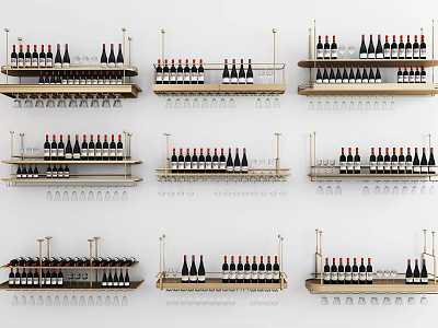 Elegant Wall Mounted Shelving Units for Wine Storage with Organized Bottles and Hanging Glasses 3d model