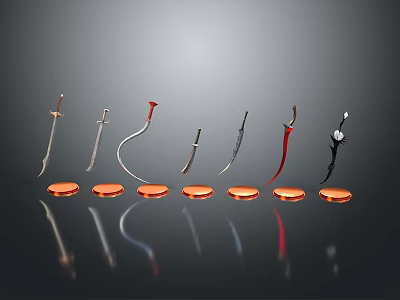 Various Types Of Weapons Displayed On Orange Stands With Different Shapes And Reflective Bases 3d model
