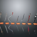 Various Types Of Weapons Displayed On Orange Stands With Different Shapes And Reflective Bases