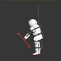 White Robot With Astronaut Design Standing And Red Tools On Reflective Surface