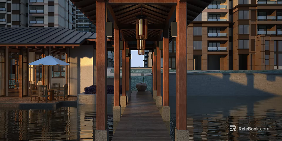 Wooden Pavilion Garden Feature With Hanging Lanterns Water Reflection And Outdoor Seating 3d model 