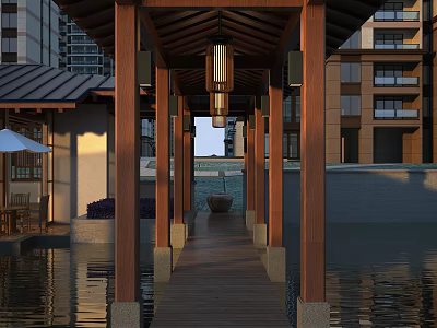 Wooden Pavilion Garden Feature With Hanging Lanterns Water Reflection And Outdoor Seating 3d model