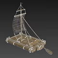 Wooden Boat with Log Bundled Construction Simple Sail and Paddle Handcrafted Design