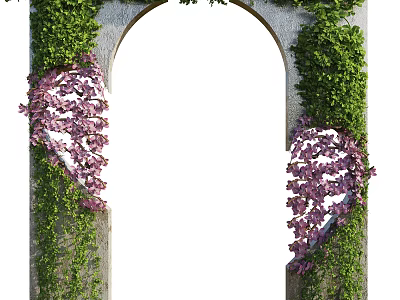 Lush Green Vines With Purple Flowers Growing On Stone Archway Structure 3d model