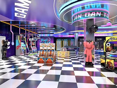 Vibrant Arcade Amusement Park Interior With Neon Lights Checkerboard Floor Game Machines And Token Dispensers 3d model