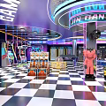 Vibrant Arcade Amusement Park Interior With Neon Lights Checkerboard Floor Game Machines And Token Dispensers