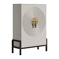 Elegant Modern White Wardrobe Featuring Circular Decorative Pattern And Golden Blue Handles With Black Legs