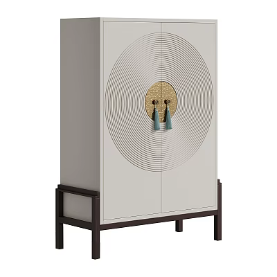 Elegant Modern White Wardrobe Featuring Circular Decorative Pattern And Golden Blue Handles With Black Legs 3d model