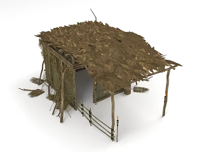 Traditional Thatched House Featuring Thatch Roof And Wooden Support Structure 3d model