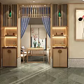 Traditional Teahouse Interior Design With Wooden Front Desk Stone Countertop Green Plant And Warm Lighting