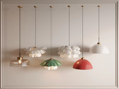 Multiple Pendant Lights With Various Designs And Colorful Shades In Light Wall Interior 3d model