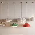 Multiple Pendant Lights With Various Designs And Colorful Shades In Light Wall Interior