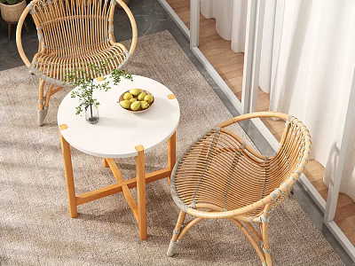 Indoor Rattan Chairs And Round Table With White Top Wooden Legs Green Apples And Plant 3d model
