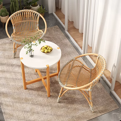 Indoor Rattan Chairs And Round Table With White Top Wooden Legs Green Apples And Plant 3d model