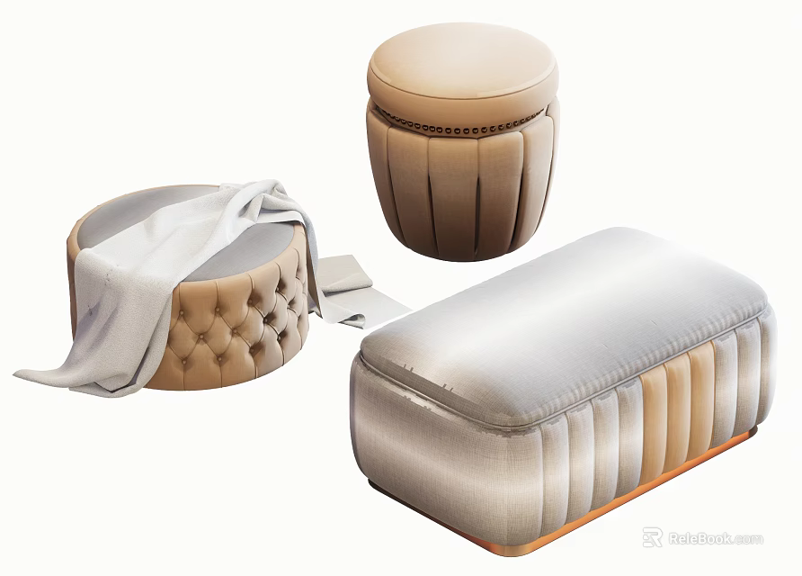 Upholstered Sofa Stools in Various Styles with Tufted and Striped Designs 3d model 