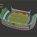 Modern Stadium Design With Blue Yellow Seats And Green Grass Field