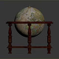 Classic Globe With Red Wooden Hexagonal Stand And Colored Geographic Map