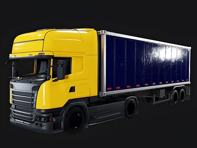 Large Yellow Truck Exterior Design With Blue Cargo Container And Shiny Surface 3d model