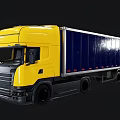 Large Yellow Truck Exterior Design With Blue Cargo Container And Shiny Surface