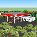 Modern Gas Station With Red Canopy Fuel Pumps Vehicles And Green Trees