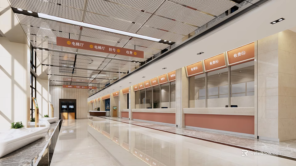 Modern Service Hall With Service Counters Bright Lighting Marble Floor And Ceiling Grilles 3d model