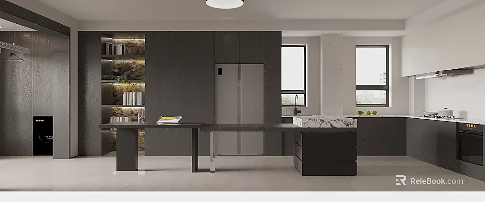 Luxury Modern Living Dining Room Interior Design With Black Cabinets And Marble Counter 3d model 