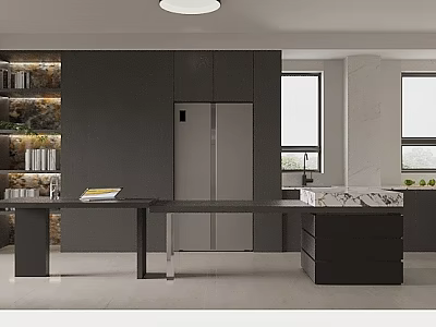 Luxury Modern Living Dining Room Interior Design With Black Cabinets And Marble Counter 3d model