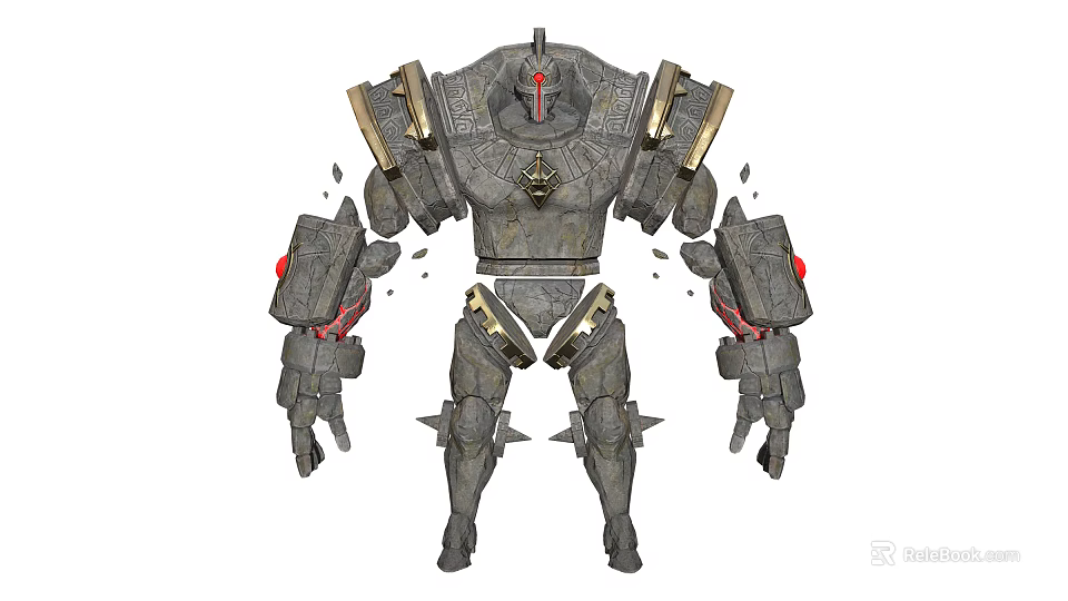 Armored Humanoid Mechanical Character Featuring Stone Like Texture Red Accents And Damaged Components 3d model