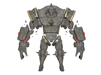 Armored Humanoid Mechanical Character Featuring Stone Like Texture Red Accents And Damaged Components 3d model
