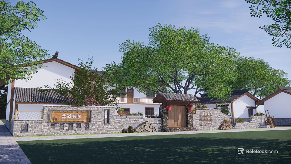 Rural Self Built House In Traditional Style With Tiled Roof Stone Wall And Wooden Gate 3d model 