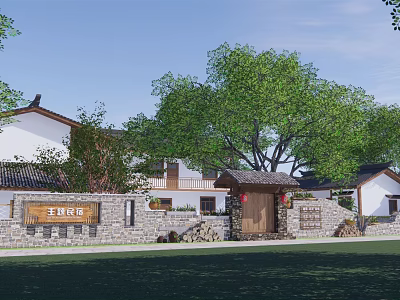 Rural Self Built House In Traditional Style With Tiled Roof Stone Wall And Wooden Gate 3d model