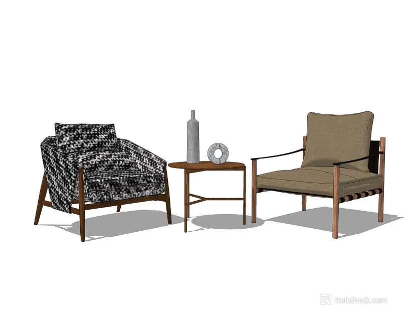 Black White Patterned Light Brown Single Sofa with Small Wooden Coffee Table Vase Round Decor 3d model