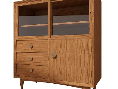 Modern Entryway Console Cabinet With Oak Wood Drawers And Glass Cabinet Doors 3d model