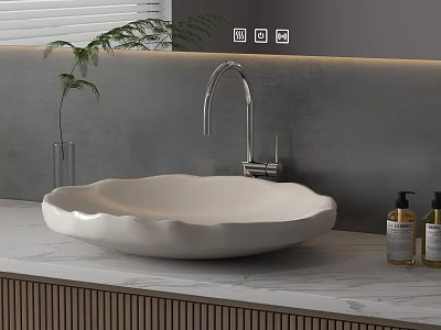 Modern Bathroom Sink Interior With White Wavy Basin Silver Faucet Marble Countertop Toiletries And Plant 3d model