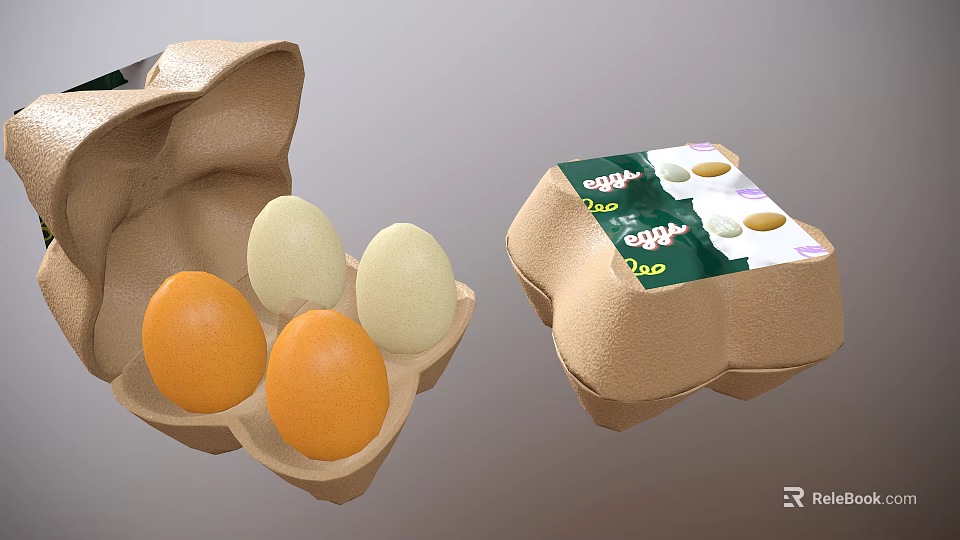 Chicken Eggs in Paper Cartons with Green Label Open Box Showing Orange Light Green Shells 3d model 