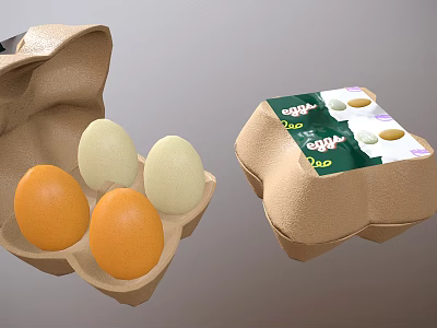 Chicken Eggs in Paper Cartons with Green Label Open Box Showing Orange Light Green Shells 3d model