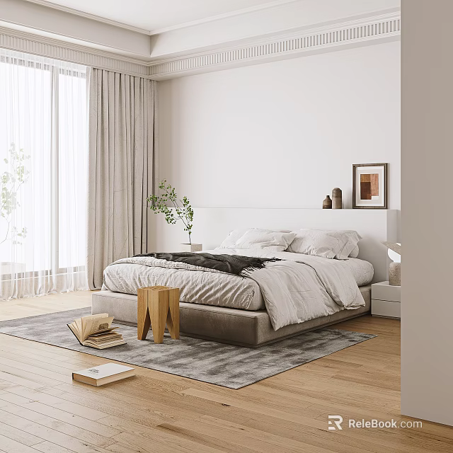 Modern Bedroom Interior Design With Bed Curtains Rug Plant And Natural Light 3d model 