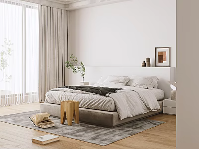 Modern Bedroom Interior Design With Bed Curtains Rug Plant And Natural Light 3d model