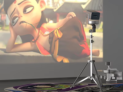 Projection Monitoring Setup Featuring Tripod Projector And Wall Projected Cartoon 3d model