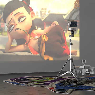 Projection Monitoring Setup Featuring Tripod Projector And Wall Projected Cartoon 3d model