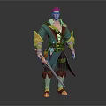 Male Fantasy Adventurer Character In Green Gold Cloak Outfit Holding Sword With Detailed Gear