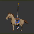 Character In Armor With Blue And Yellow Striped Spear Standing Next To Brown Horse