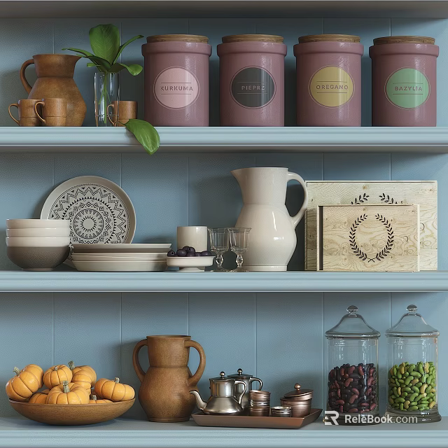 Cozy Kitchen Shelves Display With Various Containers And Decor 3d model
